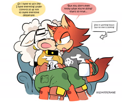 Size: 2000x1700 | Tagged: safe, artist:quaverdraws, gadget the wolf, lanolin the sheep, sheep, wolf, 2025, clothes, comic, couch, cup, dialogue, drink, duo, english text, gadget x lanolin, holding something, hot drink, shipping, shirt, sitting, speech bubble, straight, tired