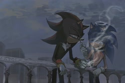 Size: 2048x1368 | Tagged: safe, artist:wgzdi, shadow the hedgehog, sonic the hedgehog, 2025, cigarette, duo, eyes closed, gay, grin, holding something, lidded eyes, outdoors, shadow x sonic, shipping, smile, smoke, smoking, standing