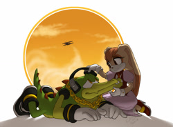 Size: 1024x754 | Tagged: safe, artist:kittydee, vanilla the rabbit, vector the crocodile