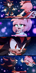 Size: 990x1991 | Tagged: safe, artist:scruffiberri, amy rose, shadow the hedgehog, hedgehog, 2026, amy x shadow, blushing, comic, dialogue, duo, english text, female, flying, male, shipping, straight, sweatdrop