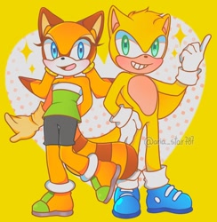 Size: 1240x1272 | Tagged: safe, artist:jade712b, marine the raccoon, ray the flying squirrel, raccoon, squirrel, 2025, art trade, duo, female, heart background, male, marine x ray, pointing, pose, scarf, shipping, sparkles, standing, straight