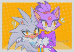 Size: 1240x874 | Tagged: safe, artist:jade712b, blaze the cat, silver the hedgehog, cat, hedgehog, 2025, duo, female, hugging, kiss marks, looking offscreen, male, shipping, silvaze, straight