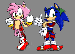Size: 1176x842 | Tagged: safe, artist:allysonvalley, amy rose, sonic the hedgehog, 2026, alternate outfit, boots, chest fluff, clothes, duo, gender swap, gilet, grey background, headscarf, jacket, looking at viewer, shorts, signature, simple background, smile, smiling at viewer, standing, thumbs up