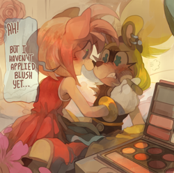 Size: 1800x1788 | Tagged: safe, artist:sony-shock, amy rose, surge the tenrec, 2023, blushing, crack shipping, dialogue, duo, english text, kneeling, lesbian, looking at each other, makeup, shipping, sitting, speech bubble, surgamy, text