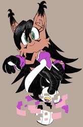 Size: 955x1457 | Tagged: safe, artist:maurofonseca, nicole the hololynx, 2021, beige background, digital static, eye clipping through hair, flat colors, looking offscreen, mid-air, simple background, smile, solo