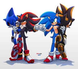 Size: 2800x2500 | Tagged: safe, artist:kingofhighlands, metal sonic, shadow the hedgehog, sonic the hedgehog, hedgehog, 2024, absurd res, black sclera, carrying them, fistbump, frown, group, holding them, robot, shadow (lighting), shadow android, signature, smile, standing, treads, wink