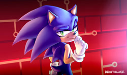 Size: 1280x761 | Tagged: safe, artist:kingofhighlands, sonic the hedgehog, hedgehog, sonic mania adventures, 2020, abstract background, faic, finger under chin, looking at viewer, looking back, looking back at viewer, meme, redraw, redraw challenge, signature, smile, solo, standing