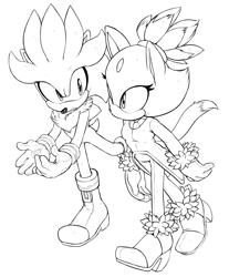 Size: 1048x1264 | Tagged: safe, artist:argento, blaze the cat, silver the hedgehog, cat, hedgehog, 2015, duo, female, line art, looking at each other, male, monochrome, mouth open, simple background, talking, walking, white background