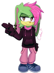 Size: 1024x1366 | Tagged: safe, artist:reinadecorazonez, oc, oc:argyle the rabbit, rabbit, 2023, alternate version, clothes, dyed hair, eye clipping through hair, fankid, fingergun, hoodie, looking at viewer, male, pants, parent:vanilla, parent:vector, parents:vectilla, signature, simple background, smile, trans male, transgender, transparent background