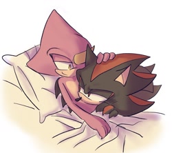 Size: 1437x1275 | Tagged: safe, artist:aleespace-art, espio the chameleon, shadow the hedgehog, 2026, bed, claws, duo, gay, gloves off, hand on head, lidded eyes, looking at each other, pillow, shadpio, shipping, simple background, smile, white background