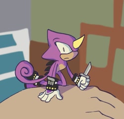 Size: 1205x1155 | Tagged: safe, artist:aleespace-art, espio the chameleon, human, 2026, ambiguous gender, blade, chameleon, dagger, frown, hand, holding something, looking at viewer, male, shrunken pupils, small, solo, weapon