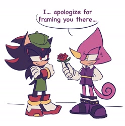 Size: 1725x1740 | Tagged: safe, artist:aleespace-art, espio the chameleon, shadow the hedgehog, the murder of sonic the hedgehog, 2026, dialogue, duo, english text, flower, gay, holding something, lidded eyes, looking at each other, male, offering flower, rose, shadpio, shipping, simple background, smile, standing, talking, text, white background