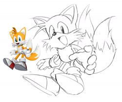 Size: 1613x1350 | Tagged: safe, artist:chronocrump, miles "tails" prower, 2026, classic tails, line art, looking at viewer, monochrome, posing, redraw, reference inset, simple background, sketch, smile, solo, treads, white background