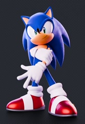 Size: 853x1246 | Tagged: safe, artist:_callmedante, sonic the hedgehog, hedgehog, 2026, 3d, backwards v sign, checkered background, looking at viewer, male, smiling at viewer, solo, standing, stretching, v sign