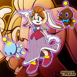 Size: 2048x2048 | Tagged: safe, artist:shadowlifeman, cheese (chao), chocola (chao), vanilla the rabbit, chao, rabbit, 2026, agender, echo background, female, hand up, lidded eyes, looking offscreen, mouth open, neutral chao, open smile, outline, smile, standing, standing on one leg, style emulation, trio, uekawa style