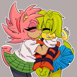 Size: 2048x2048 | Tagged: safe, artist:yesioarts, amy rose, tekno the canary, bird, hedgehog, 2026, amybetes, cute, duo, eyes closed, female, fleetway, fleetway amy, grey background, hands together, holding them, kiss, kiss on cheek, lesbian, outline, pink nose, shipping, signature, simple background, smile, standing, teknabetes, teknamy, wagging tail