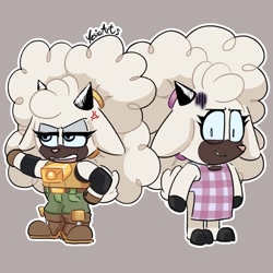 Size: 2048x2048 | Tagged: safe, artist:yesioarts, lanolin the sheep, sheep, 2026, angry, apron, clothes, cross popping vein, dark skin, duality, female, frown, grey background, hand on hip, lidded eyes, looking at viewer, looking offscreen, mouth open, outline, shrunken pupils, signature, simple background, solo, standing