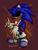 Size: 659x878 | Tagged: safe, artist:mckiem0use, sonic the hedgehog, oc, oc:2011x, oc:sonic.exe, hedgehog, 2026, alternate universe, au:outcome memories, backwards v sign, black sclera, bleeding, bleeding from eyes, blood, blood stain, grey shoes, looking at viewer, male, outline, pointing, red outline, sharp teeth, signature, smile, smiling at viewer, solo, standing, v sign, yellow teeth