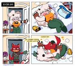 Size: 1600x1400 | Tagged: safe, artist:quaverdraws, gadget the wolf, lanolin the sheep, sheep, wolf, 2025, bag, bed, bedroom, blushing, clothes, comic, dialogue, duo, english text, female, flower, gadget x lanolin, glasses, holding something, male, opening door, shipping, shirt, speech bubble, star (symbol), straight