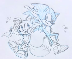 Size: 2048x1678 | Tagged: safe, artist:ntna7xa, miles "tails" prower, sonic the hedgehog, 2026, duo, grey background, hands up, looking at them, looking at viewer, male, mid-air, pointing, posing, simple background, smile, smiling at viewer