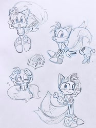 Size: 1530x2048 | Tagged: safe, artist:ntna7xa, miles "tails" prower, chao, 2026, astraphobia, cloud, duo, flying, grey background, lightning, line art, looking at viewer, looking offscreen, monochrome, mouth open, neutral chao, one eye closed, scared, simple background, sketch, smile, solo focus, sonic boom (tv), spinning tails, standing, wrench