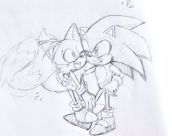Size: 2048x1626 | Tagged: safe, artist:ntna7xa, miles "tails" prower, sonic the hedgehog, 2025, age difference, arm around shoulders, cheek to cheek, duo, flying, gay, grey background, line art, looking at each other, monochrome, mouth open, one eye closed, shipping, simple background, smile, smiling at each other, sonic x tails, spinning tails, standing