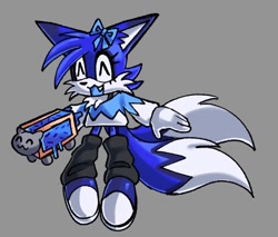 Size: 778x664 | Tagged: safe, artist:grassowl641, oc, oc:blails the fox, fox, 2026, blaster, blue fur, blue shoes, blue tongue, bow, clothes, color swap, cute, eyelashes, eyes closed, grey background, holding something, leg warmers, male, not tails, oc only, shirt, simple background, smile, solo, standing, tailabetes