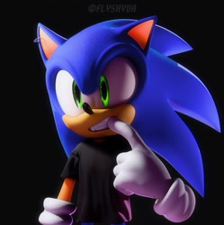 Size: 1436x1439 | Tagged: safe, artist:dokatzo, artist:flyshyva, sonic the hedgehog, hedgehog, 2026, 3d, black background, clothes, ear piercing, earring, fangs, looking offscreen, male, shirt, signature, simple background, solo, standing