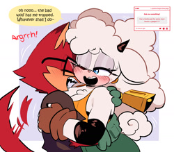 Size: 1600x1400 | Tagged: suggestive, artist:quaverdraws, gadget the wolf, lanolin the sheep, sheep, wolf, 2025, blushing, clothes, comic, dialogue, duo, english text, female, gadget x lanolin, glasses, hugging, male, shipping, shirt, speech bubble, straight, straw.page