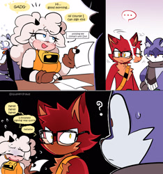 Size: 1500x1600 | Tagged: safe, artist:quaverdraws, gadget the wolf, lanolin the sheep, tangle the lemur, cat, lemur, sheep, wolf, 2025, blushing, chair, comic, dialogue, duo, duo the cat, english text, exclamation mark, female, gadget x lanolin, glasses, group, holding something, male, office work, paper, paperwork, quartet, scarf, shipping, shocked, sitting, speech bubble, standing, straight, sweatdrop, table, working