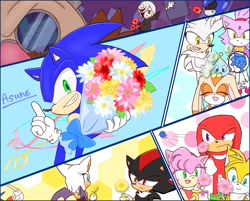 Size: 1263x1014 | Tagged: safe, artist:asune_snare, amy rose, blaze the cat, cheese (chao), cream the rabbit, knuckles the echidna, metal sonic, miles "tails" prower, robotnik, rouge the bat, sage, shadow the hedgehog, silver the hedgehog, sonic the hedgehog, chao, human, sonic frontiers, 2024, bouquet, everyone is here, flower, grin, group, holding something, lidded eyes, neutral chao, robot, smile, standing
