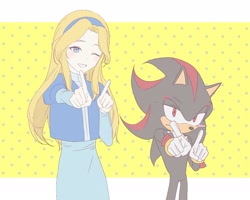 Size: 2048x1641 | Tagged: safe, artist:wgzdi, maria robotnik, shadow the hedgehog, human, 2026, blushing, duo, lidded eyes, looking at viewer, simple background, smile, standing, wink, yellow background