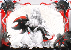 Size: 3508x2477 | Tagged: safe, artist:waaii132299, maria robotnik, shadow the hedgehog, human, sonic x shadow generations, 2025, crying, doom's eye, eyes closed, flower, greyscale, lying on them, monochrome, shadow's logo, sitting, smile, spot color, tears, trio