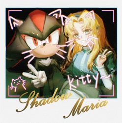 Size: 1560x1564 | Tagged: safe, artist:waaii132299, maria robotnik, shadow the hedgehog, human, 2025, character name, duo, looking at viewer, photograph, smile, v sign