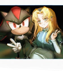 Size: 1079x1217 | Tagged: safe, artist:waaii132299, maria robotnik, shadow the hedgehog, human, 2025, duo, looking at viewer, photograph, smile, v sign