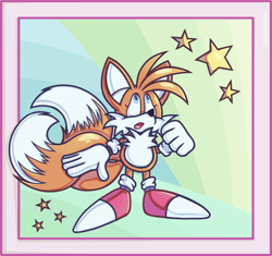 Size: 1222x1148 | Tagged: safe, artist:prowerprojects, miles "tails" prower, 2023, border, eyelashes, looking up, mouth open, nonbinary, nonbinary tails, solo, solo nonbinary, star (symbol)