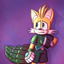 Size: 1176x1177 | Tagged: safe, artist:prowerprojects, miles "tails" prower, nine, sonic prime, 2023, clenched fists, clenched teeth, frown, gradient background, looking offscreen, shadow (lighting), solo, standing