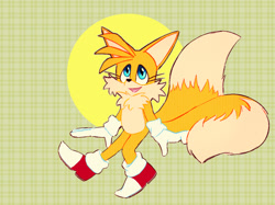 Size: 1221x915 | Tagged: safe, artist:prowerprojects, miles "tails" prower, 2023, abstract background, cute, eyelashes, flat colors, looking up, nonbinary, nonbinary tails, sitting, smile, solo, solo nonbinary, tailabetes