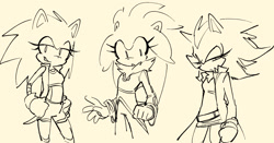 Size: 1400x736 | Tagged: safe, artist:shadilver4ever, shadow the hedgehog, silver the hedgehog, sonic the hedgehog, 2025, alternate outfit, beige background, clothes, eyelashes, female, frown, gender swap, lidded eyes, line art, looking at viewer, monochrome, mouth open, simple background, smile, squinting, standing, trio