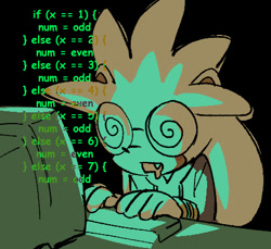 Size: 437x401 | Tagged: safe, artist:shadilver4ever, silver the hedgehog, 2025, alternate outfit, black background, computer, drooling, glasses, jacket, looking at something, male, math, mouth open, one fang, saliva, simple background, solo, swirly eyes, table