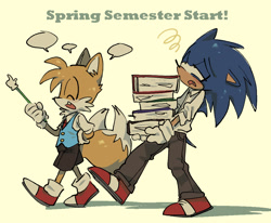 Size: 1003x828 | Tagged: safe, artist:shadilver4ever, miles "tails" prower, sonic the hedgehog, 2025, book, carrying something, cute, duo, ear fluff, english text, eyes closed, floppy ears, frown, grey background, holding something, lidded eyes, mouth open, one fang, open smile, pants, school uniform, shadow (lighting), shirt, shorts, simple background, smile, speech bubble, squiggle, tailabetes, teenager, text, tie, vest, walking