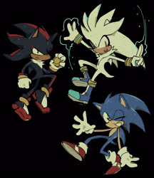 Size: 1252x1450 | Tagged: safe, artist:shadilver4ever, shadow the hedgehog, silver the hedgehog, sonic the hedgehog, 2025, black background, chaos emerald, frown, group, holding something, looking at viewer, male, mid-air, psychokinesis, simple background, smile, wink