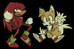 Size: 1016x678 | Tagged: safe, artist:shadilver4ever, knuckles the echidna, miles "tails" prower, 2025, black background, chest fluff, duo, ear fluff, frown, looking at viewer, looking offscreen, male, mid-air, simple background, smile, standing, standing on one leg, treads, waving