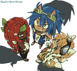 Size: 1053x972 | Tagged: safe, artist:shadilver4ever, knuckles the echidna, miles "tails" prower, sonic the hedgehog, human, 2025, alternate outfit, arms folded, clenched teeth, clothes, dark skin, eyebrow clipping through hair, from above, goggles, hands on hips, headscarf, humanized, jacket, looking at viewer, looking up, looking up at viewer, male, mouth open, necklace, open smile, partially humanized, reaching out, reaching towards the viewer, reaching up, shadow (lighting), shirt, simple background, smile, standing, sunglasses, team sonic, trio, wall of tags, white background