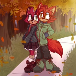 Size: 2048x2048 | Tagged: safe, artist:hippiecockatoo, barry the quokka, gadget the wolf, 2025, abstract background, arm around shoulders, autumn, barry x gadget, barryget, beanbrows, blushing, boots, clothes, coat, cute, duo, duo nonbinary, eyelashes, grass, hand in pocket, leaf, nonbinary, nonbinary barry, nonbinary gadget, nonbinary only, outdoors, pants, scarf, shipping, skirt, smile, standing, t4t, tree
