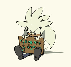 Size: 700x655 | Tagged: safe, artist:shadilver4ever, silver the hedgehog, 2025, english text, holding something, looking at something, male, mouth open, paint, sign, simple background, sitting, solo, text, treads