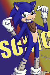 Size: 1500x2250 | Tagged: safe, artist:punk-pegasus, sonic the hedgehog, 2014, character name, gradient background, lidded eyes, looking at viewer, male, pointing, signature, smile, smiling at viewer, smug, solo, sonic boom (tv), standing, text