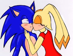 Size: 1882x1435 | Tagged: safe, artist:toxic-tooth-paste, cream the rabbit, sonic the hedgehog, 2008, age difference, alternate eye color, blue eyes, blushing, cream x sonic, duo, eyes closed, female, kiss, male, shipping, shrunken pupils, simple background, standing, straight, white background