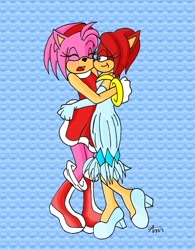 Size: 2145x2755 | Tagged: safe, artist:sanguinary12377, amy rose, princess elise, 2008, amylise, duo, eyes closed, holding each other, lesbian, mobianified, mouth open, shipping, signature, skirt lift, smile, standing