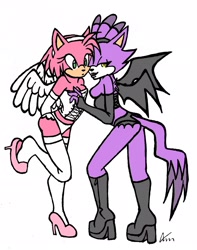 Size: 2035x2585 | Tagged: suggestive, artist:sanguinary12377, amy rose, blaze the cat, 2009, amy x blaze, angel wings, boots, corset, devil wings, duo, flat colors, heels, holding hands, lesbian, lidded eyes, lingerie, panties, shipping, simple background, stockings, white background, wings
